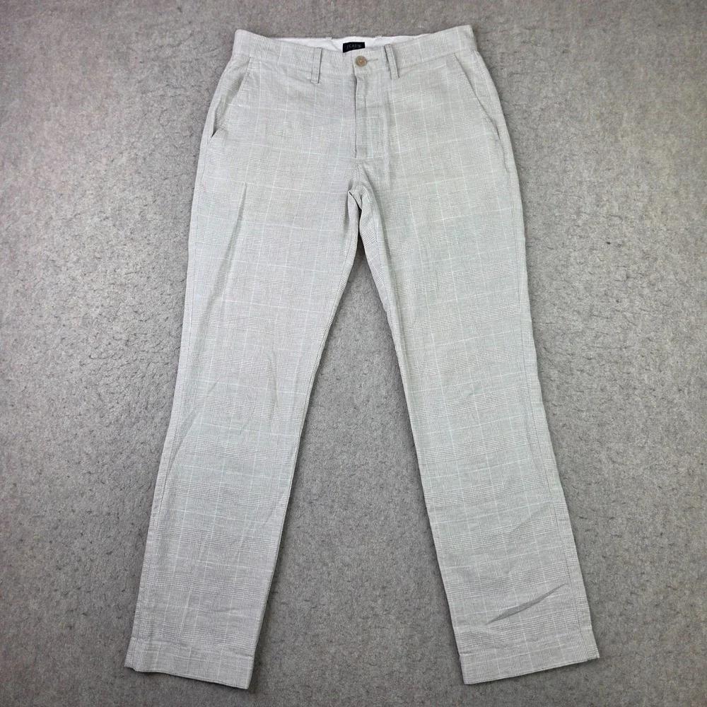 J Crew Linen Blend Pants Mens 30x30 Tan Plaid Flat Front Lightweight